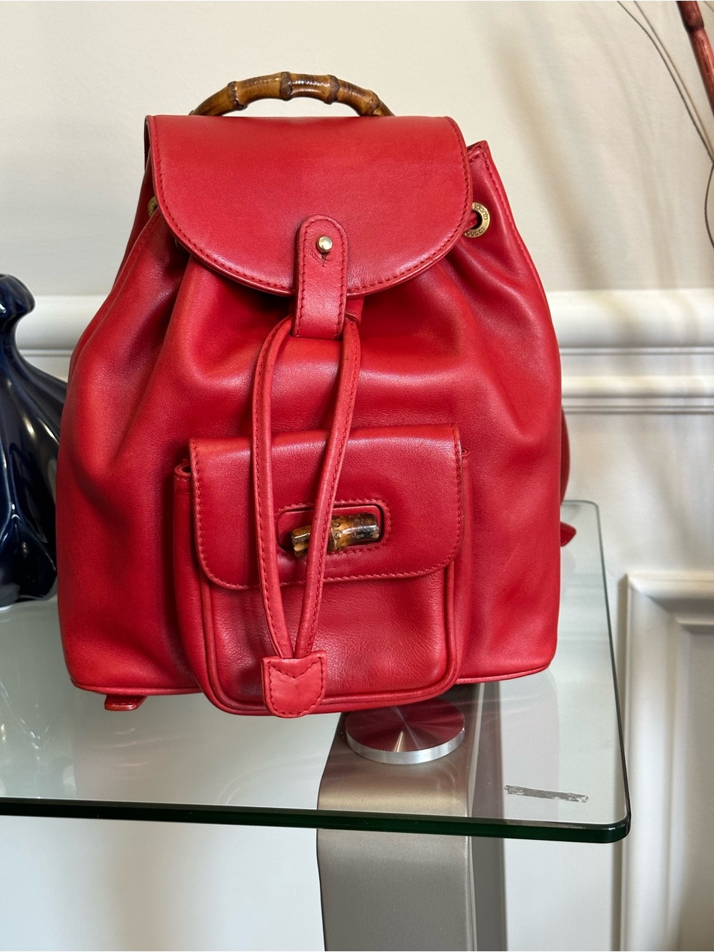 Gucci Red Leather Bamboo-Handle Drawstring Backpack